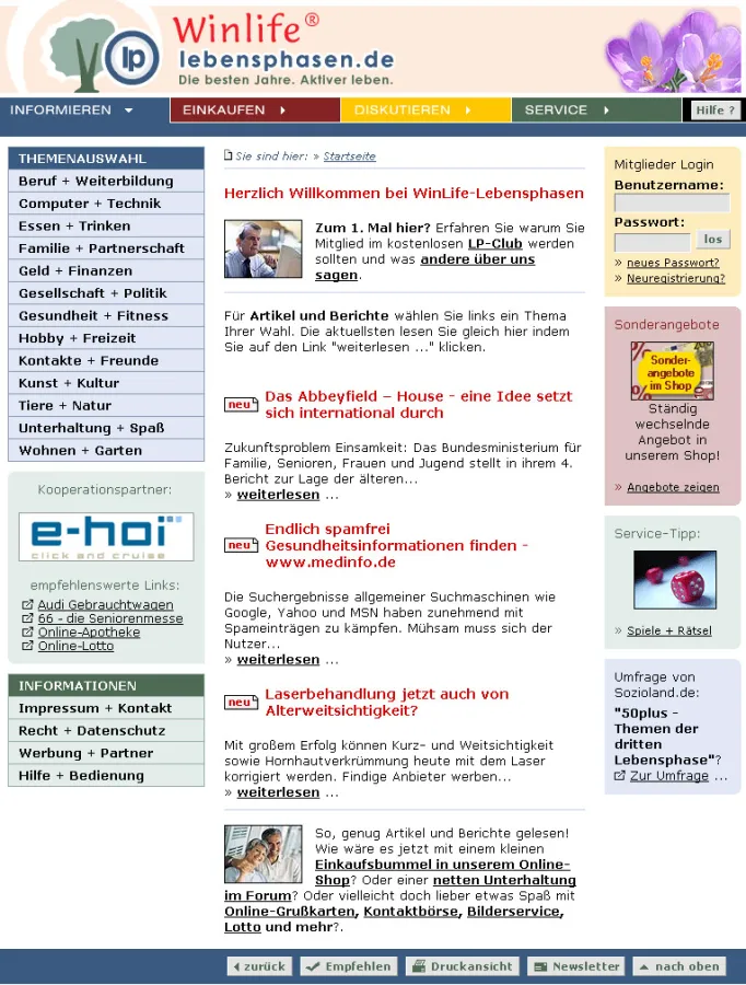 Screenshot der Startseite von WinLife-Lebensphasen mit neuem Logo