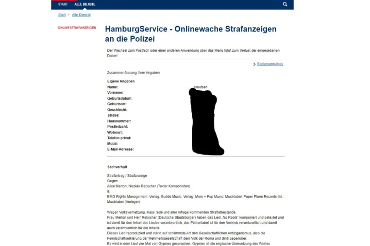 Bild: Strafantrag gegen die Verantwortlichen des Liedes „No Roots“ gestellt.