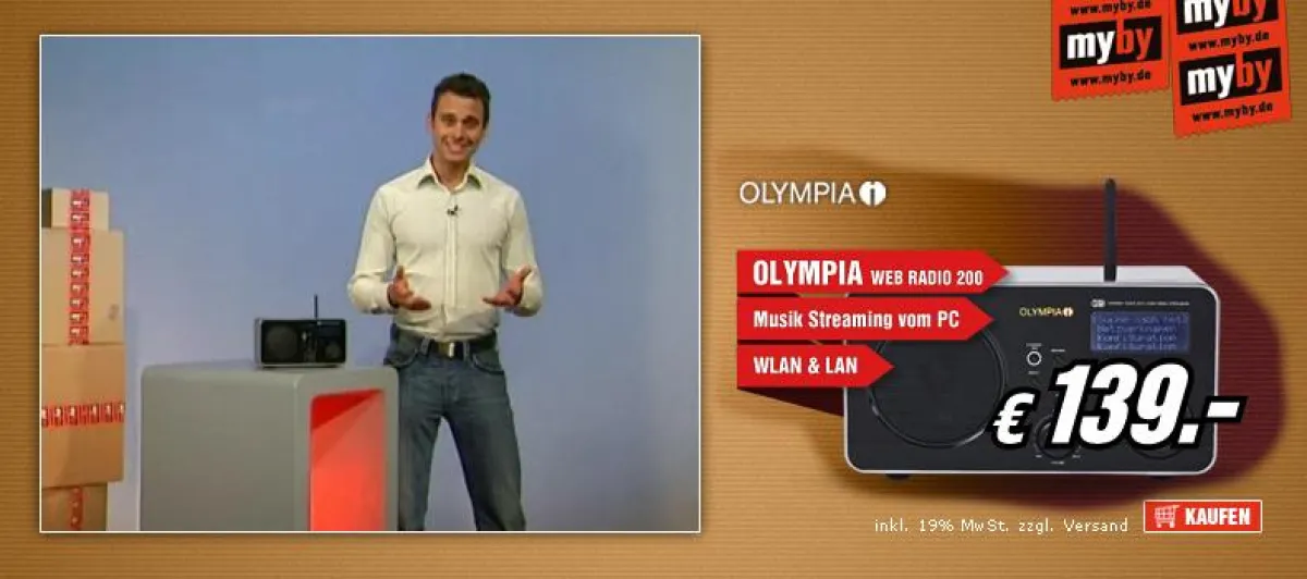 Neue Präsentationsform: Ein Moderator von myby erklärt im Internet das Olympia Web Radio 200.