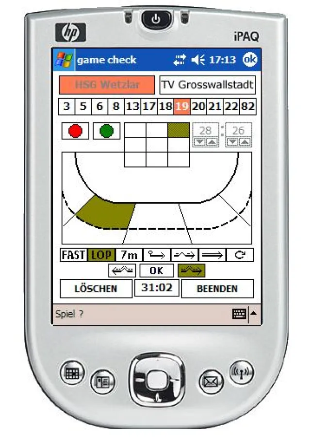 Eingabemaske der Handball Game Check Software auf einem Windows Mobile PDA.