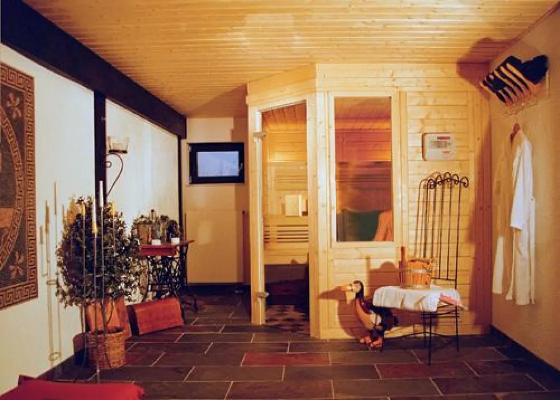 Gesamtambiente mit der Sauna NORDI ausgestattet mit dem Original BEMBERG FRESH-FEELING als SOFT-FEELING sowie Infrarot-IRC-Dunkelstrahler. Korpus aus massiver karelischer Fichte, 58 mm starke Bohlen –
