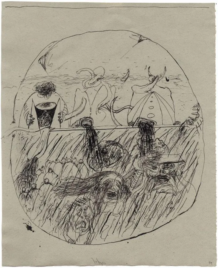 ohne Titel (TV-Ergüsse), zu Shakespeare, Sonett 66, Winter 2008/2009, Feder, Tusche