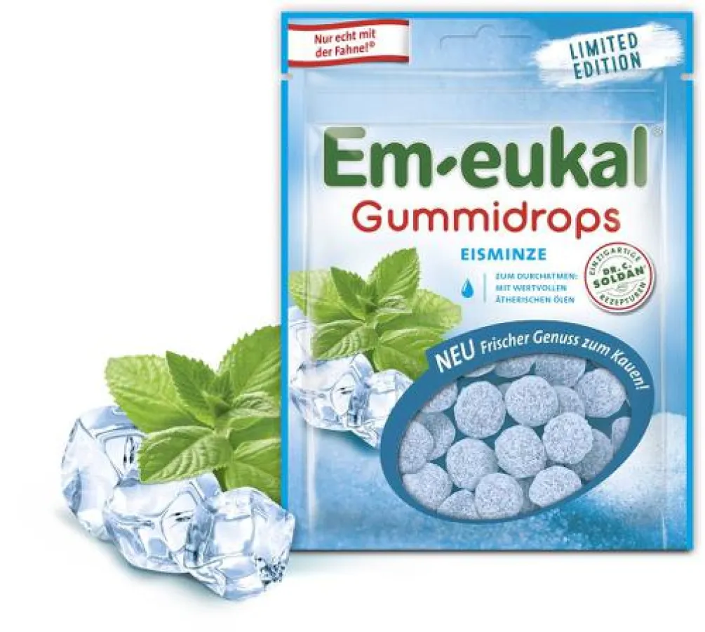 Die Em-eukal Gummidrops Eisminze sorgen für eisfrischen Kaugenuss.