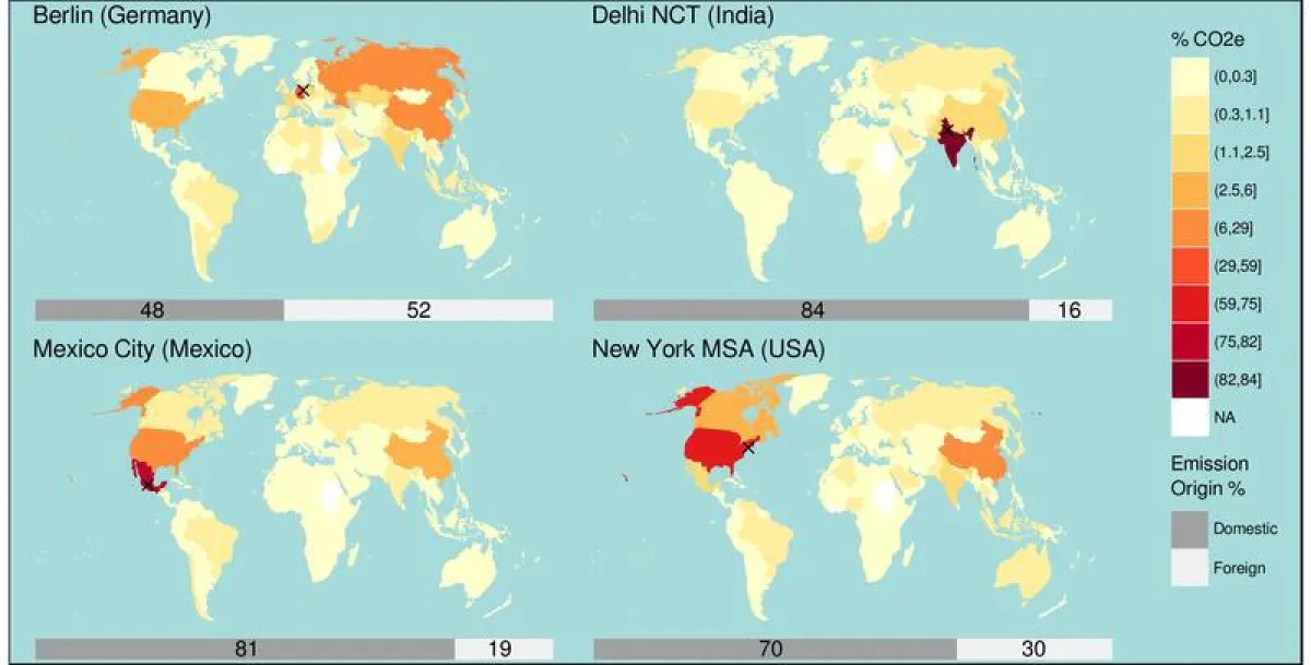 Global reach of urban GHG footprints. The four maps show the spatial distribution of the cities’ non-domestic upstream household GHG emissions. Maps based on http://naturalearthdata.com/ (Peter-Paul P