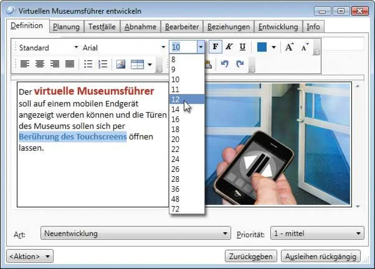 in-Step Formular zum Erfassen von Anforderungen