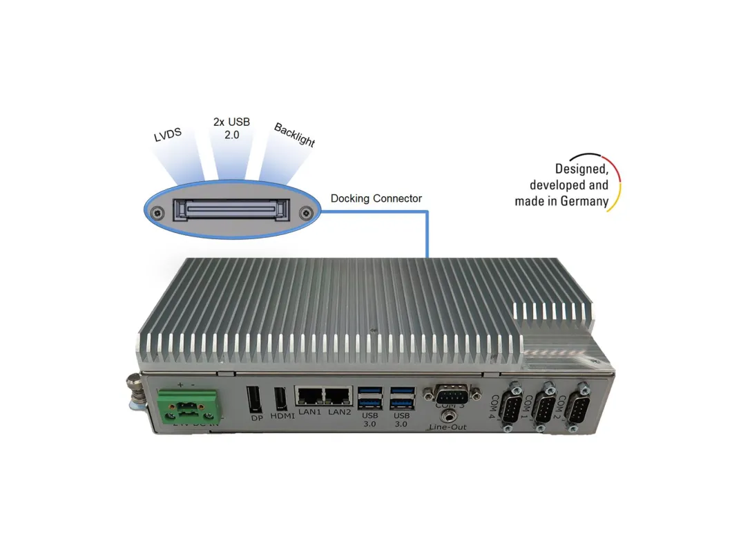 BoxPC Pro 7300 von Distec mit Docking Connector schließt LVDS-Monitor, Backlight, Touch, Webcam an