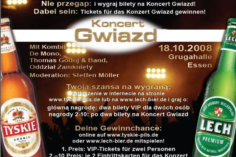 Koncert Gwiazd - Tyskie und Lech verlosen Karten für Mega-Event in Essen am 18. Oktober Bild: Koncert Gwiazd - Tyskie und Lech verlosen Karten für Mega-Event in Essen am 18. Oktober