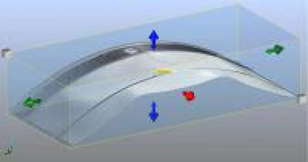 Die 3D-Laser-Verschiebungsmessung zeigt die Stegplatteneindeckung unter Auflastbeanspruchung in gebeultem Zustand.