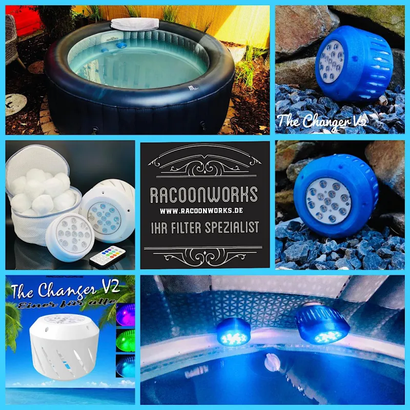 Racoonworks Whirlpoolfilter mit Filterbällen und LED Vorbereitung für aufblasbare Whirlpools (© www.Racoonworks.de)