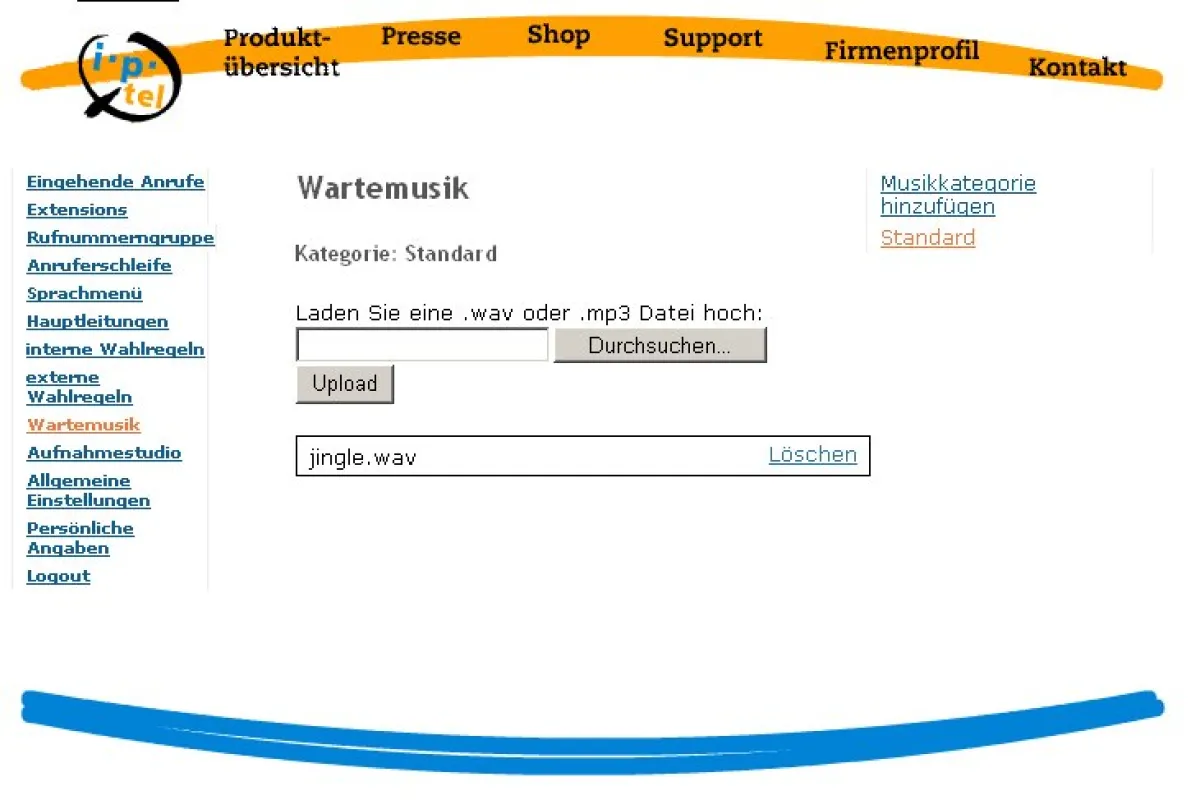Screenshot - Upload einer individuellen MP3-Wartemusik (z.B. Jingle Bells Orange Beat Remix)
