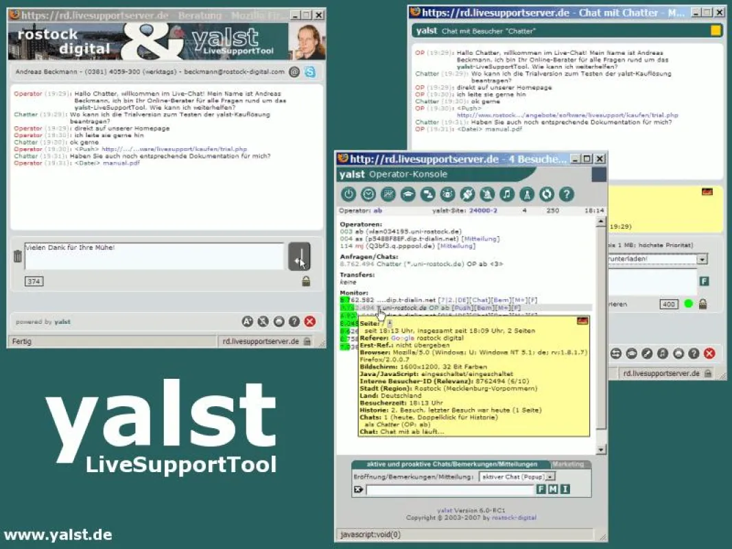 yalst-LiveSupportTool mit Operator-Konsole sowie Chat-Fenster des Besuchers und des Beraters