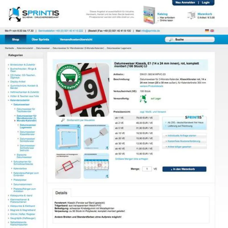 Struktur des Sprintis Schenk Onlineshops für Druckereibedarf, Werbetechnik und Bürobedarf