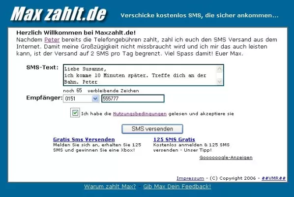 Bild: Maxzahlt.de: SMS versenden, Max bezahlt das schon