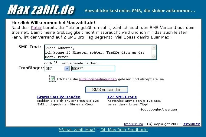 Bild: Maxzahlt.de: SMS versenden, Max bezahlt das schon