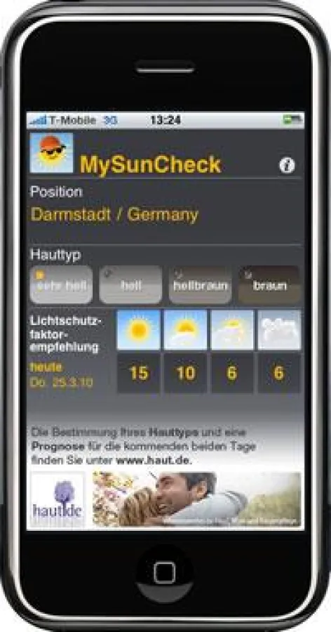 Screenshot der iPhone Applikation MySunCheck
