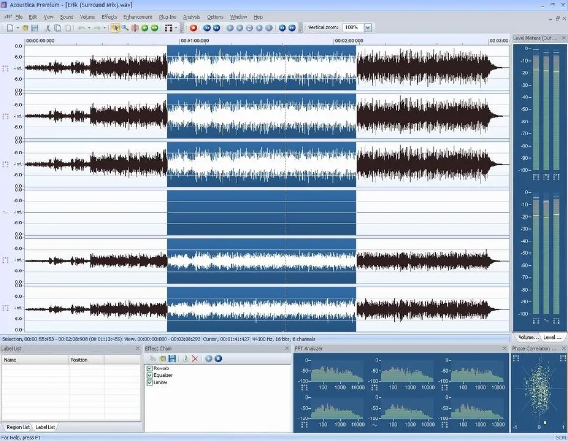 Eine Datei im Mehrkanalformat (in diesem Fall 5.1 Surround) in Acoustica Premium geladen.