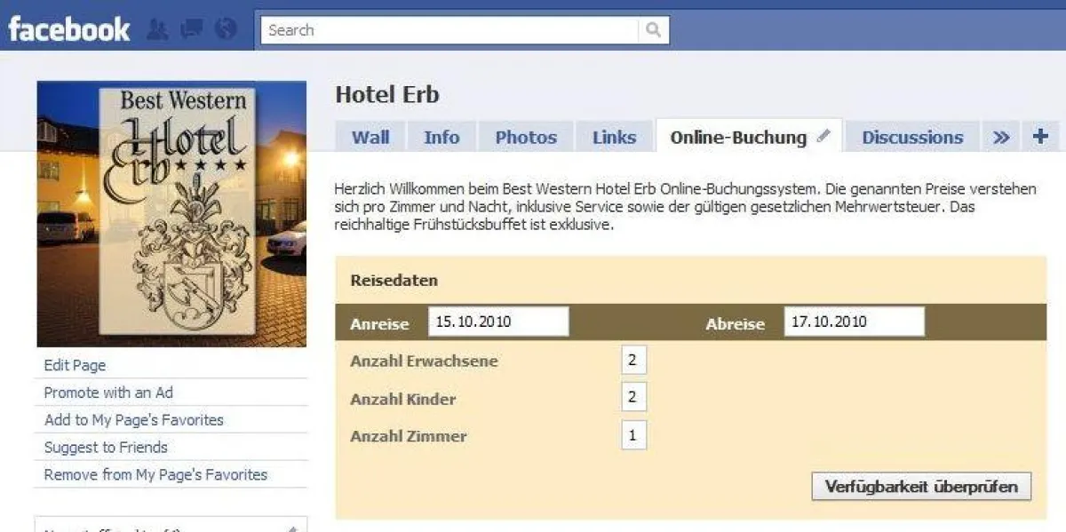 Online-Buchung via Facebook-Seite Best Western Hotel Erb