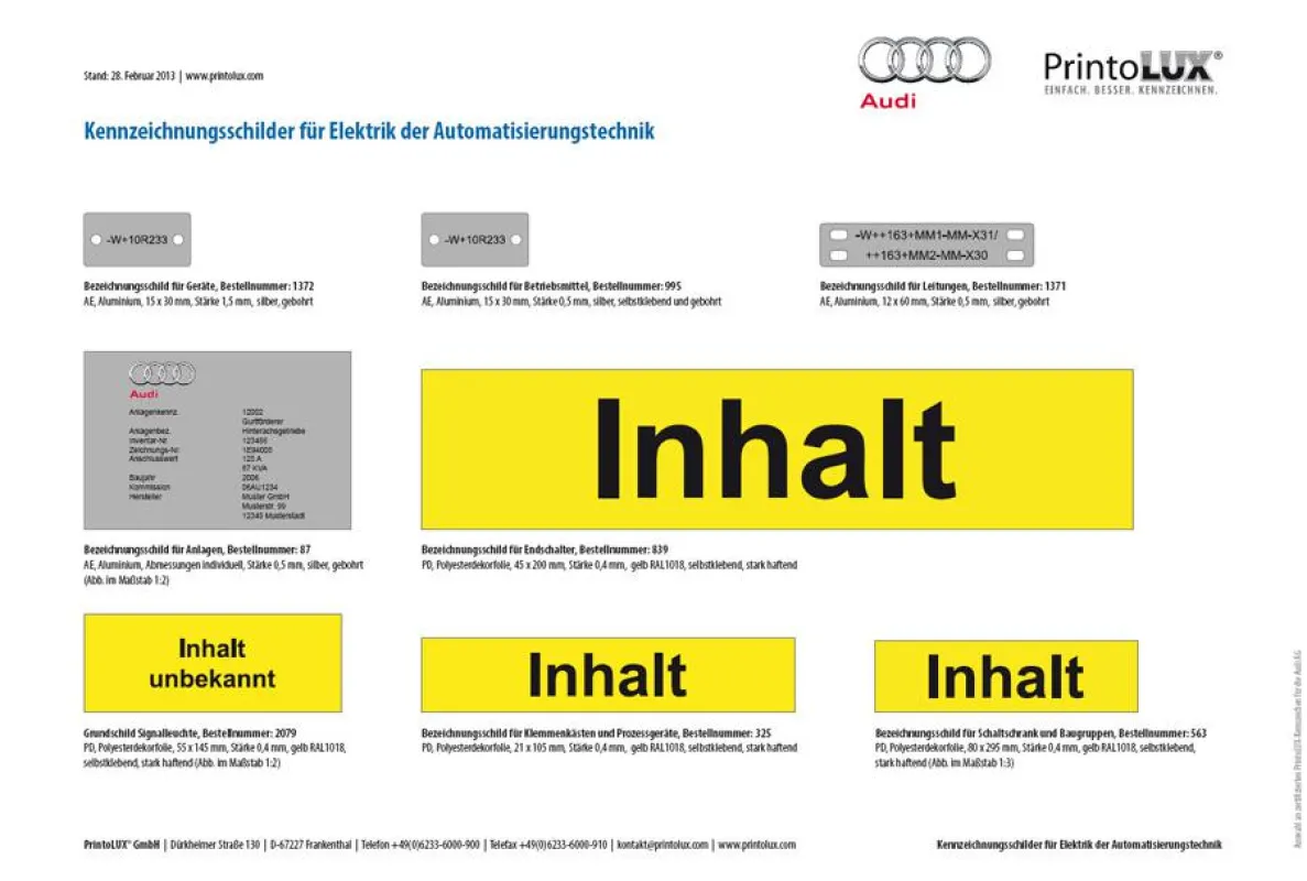 Auswahl an Kennzeichnungen, die mit dem PrintoLUX®-Verfahren für die AUDI AG herzustellen sind.