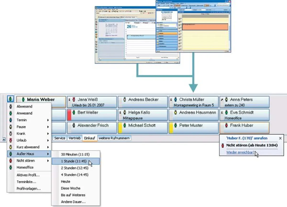Anwender können die vorkonfigurierten Präsenzvorlagen genauer definieren oder selbst eigene erstellen. Außerdem lassen sich Outlook- und Notes-Termine an Präsenzvorlagen mit Rufumleitung und Teamnachr
