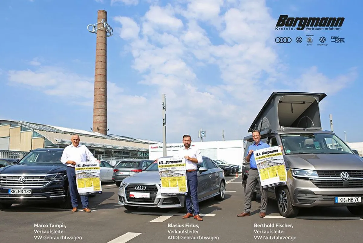 Marco Tampir, Blasius Firlus und Berthold Fischer präsentieren den Borgmann Gebrauchtwagentag.