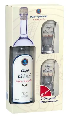 Attraktiver Zusatznutzen: Ouzo Plomari mit zwei Original Ouzo-Gläsern im Handel Bild: Attraktiver Zusatznutzen: Ouzo Plomari mit zwei Original Ouzo-Gläsern im Handel