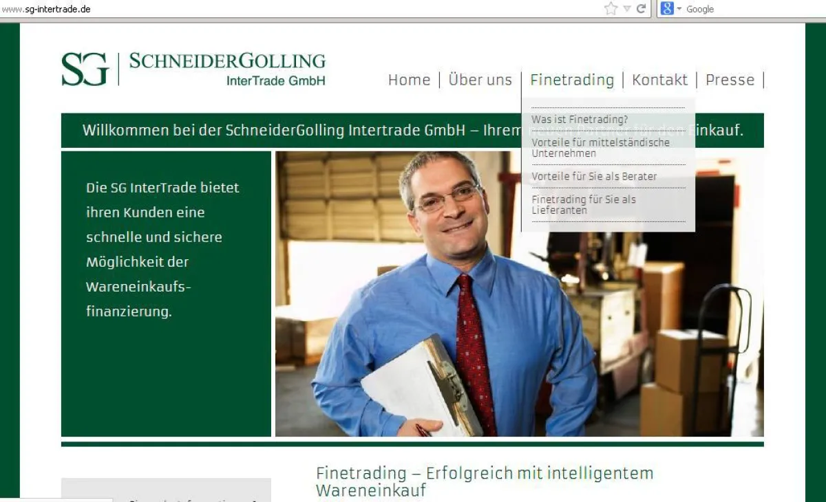 Auf der Homepage von SG InterTrade können sich Unternehmen über Finetrading informieren.