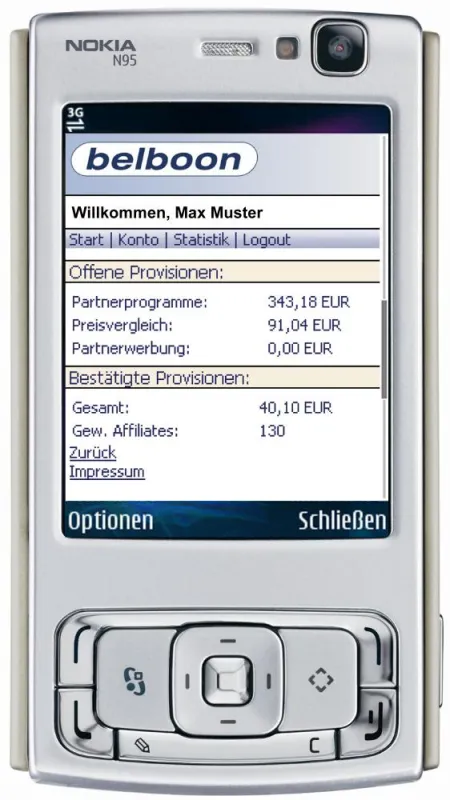 Das belboon MobilePortal im Nokia N95 - Nutzung honorarfrei unter Angabe der Quelle