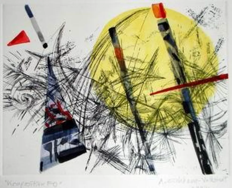 Adelheid Eichhorn, Komposition FO, colorierte Radierung, 25 x 32,5 cm