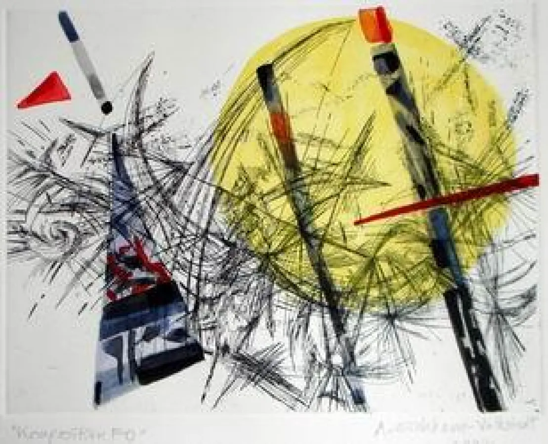 Adelheid Eichhorn, Komposition FO, colorierte Radierung, 25 x 32,5 cm