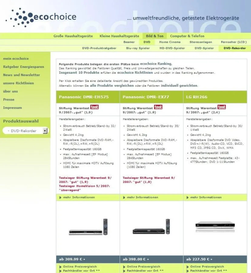 Screenshot des DVD-Rekorder Rankings