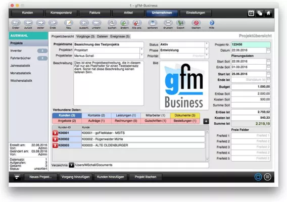 Bild: Unternehmenssoftware gFM-Business 2.7 mit Projektverwaltung
