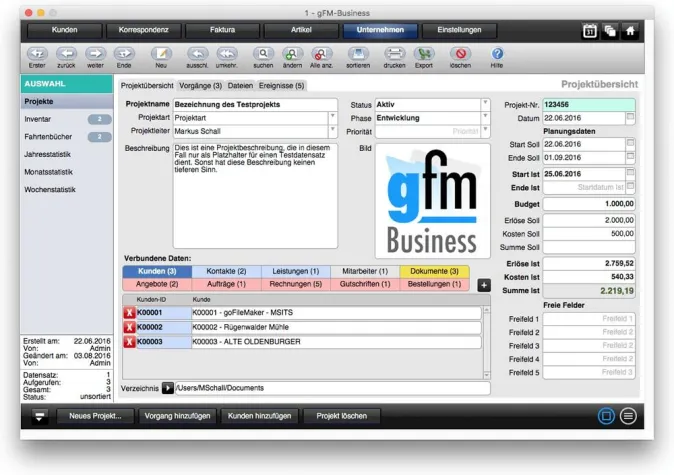 Bild: Unternehmenssoftware gFM-Business 2.7 mit Projektverwaltung