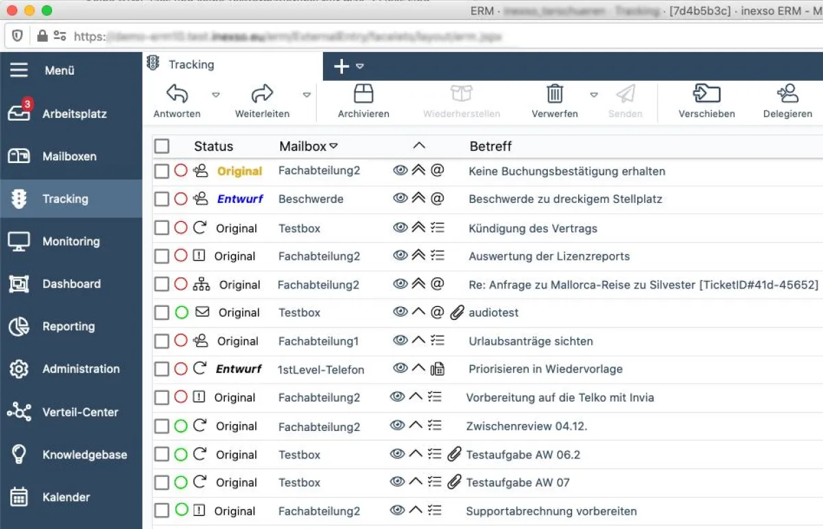 INEXSO ERM 10: Tracking-Übersicht