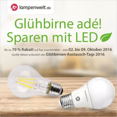 Bild: Glühbirne adé, sparen mit LED! Bis zu 70 % Rabatt auf LED-Lampen bei der LED-Aktion der Lampenwelt GmbH
