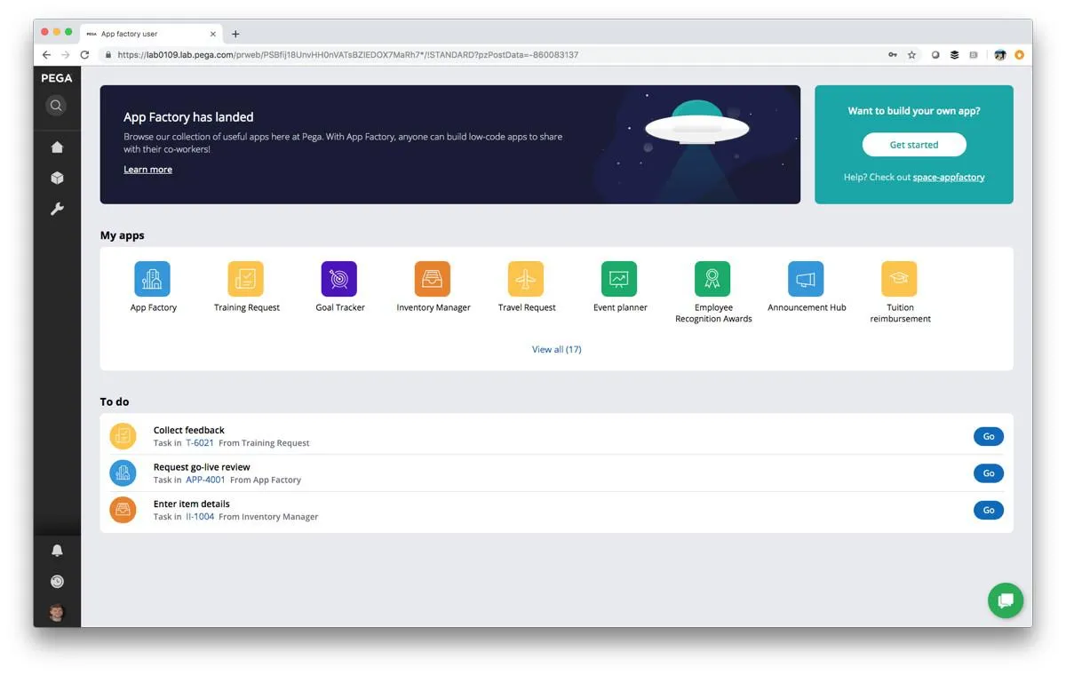 Main Dashboard der Enterprise Low-Code Factory (Quelle: Pegasystems).