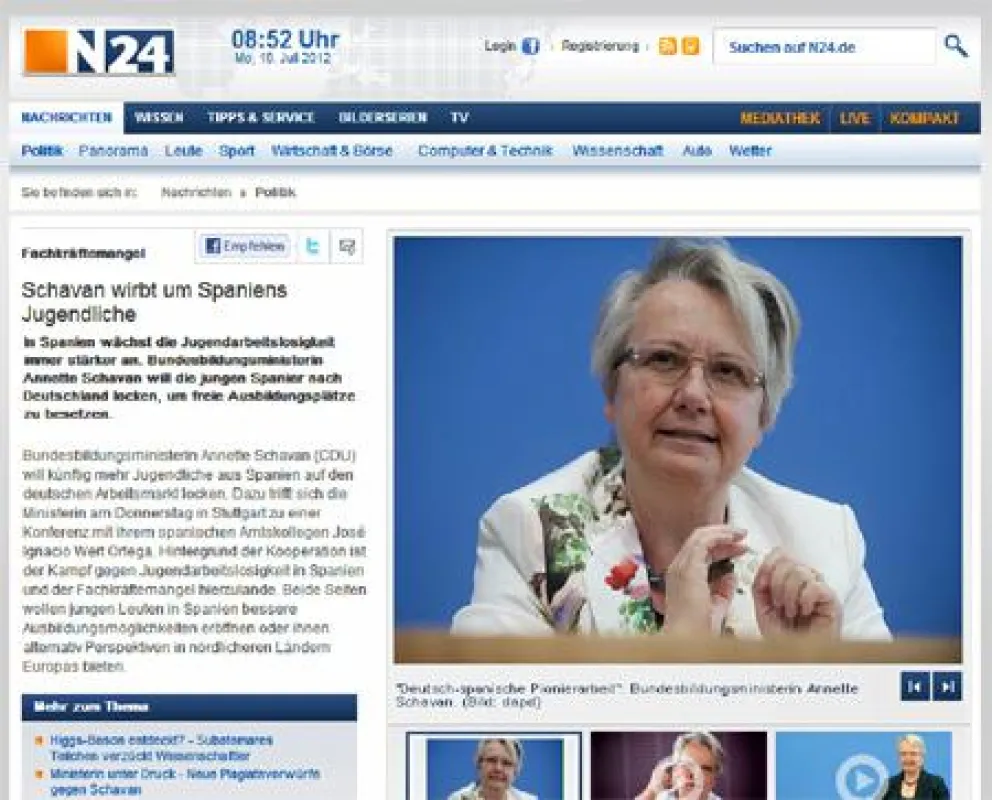 Screnshot der Meldung von Bildungsministerin Schavan (bei N24.e)