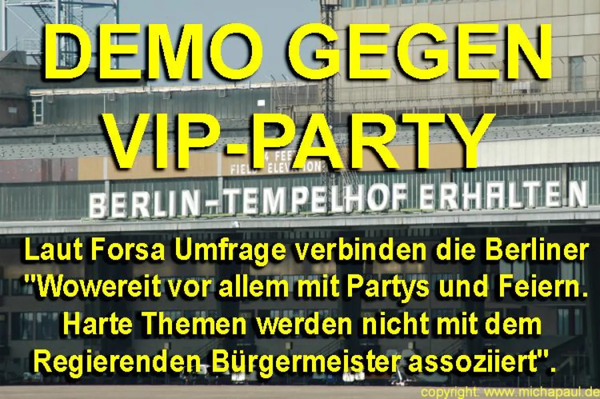 Aufruf zur Protestveranstaltung der VIP-Party im Flughafen Tempelhof.