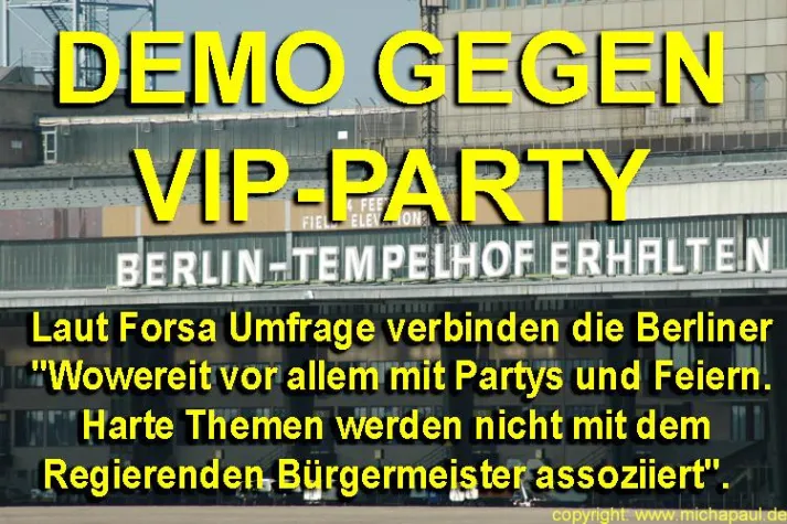 Bild: Aufruf zur Protestveranstaltung der VIP-Party im Flughafen Tempelhof