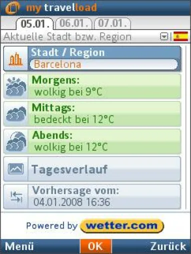 Bild: my travelload liefert eine weltweite 3-Tages-Wetter-Prognose auf das Handy