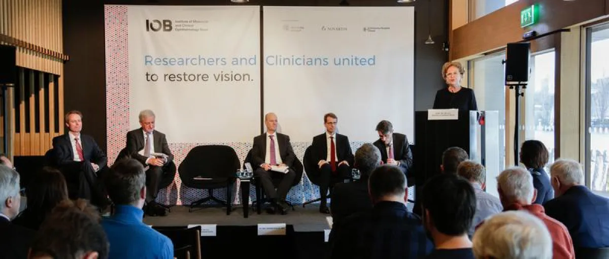 An einer Medienkonferenz informierten Vertreter der beteiligten Institutionen über die Gründung des Institute of Molecular and Clinical Ophthalmology Basel (IOB). (Universität Basel, Florian Moritz)