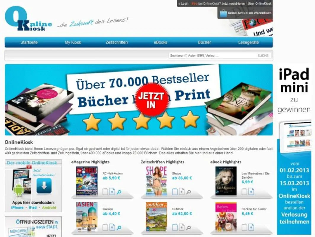 Die Startseite des OnlineKiosk