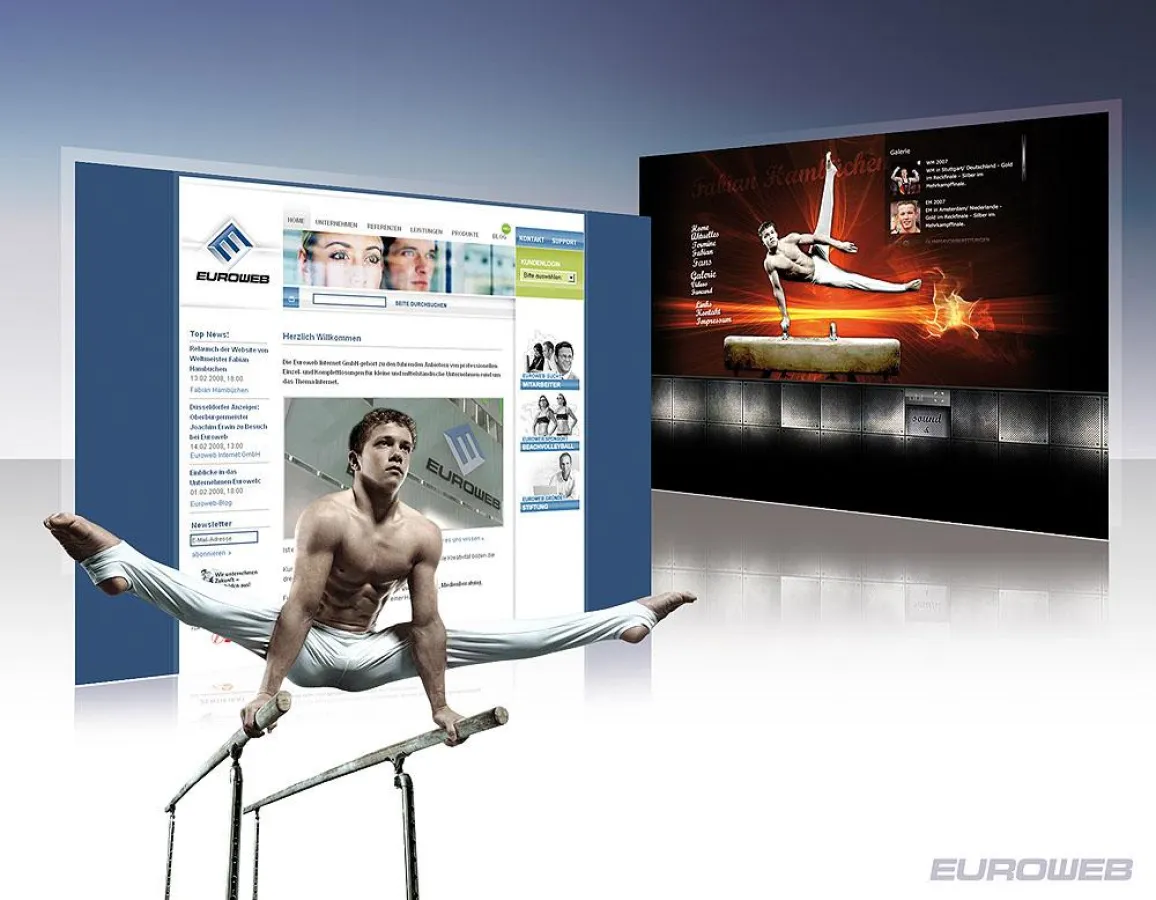 Fabian Hambüchen wurde von Starfotograf Dieter Eickelpoth am Barren in Szene gesetzt. Im Hintergrund sieht man die Website von Fabian (re.) und der Euroweb Internet GmbH (li.)