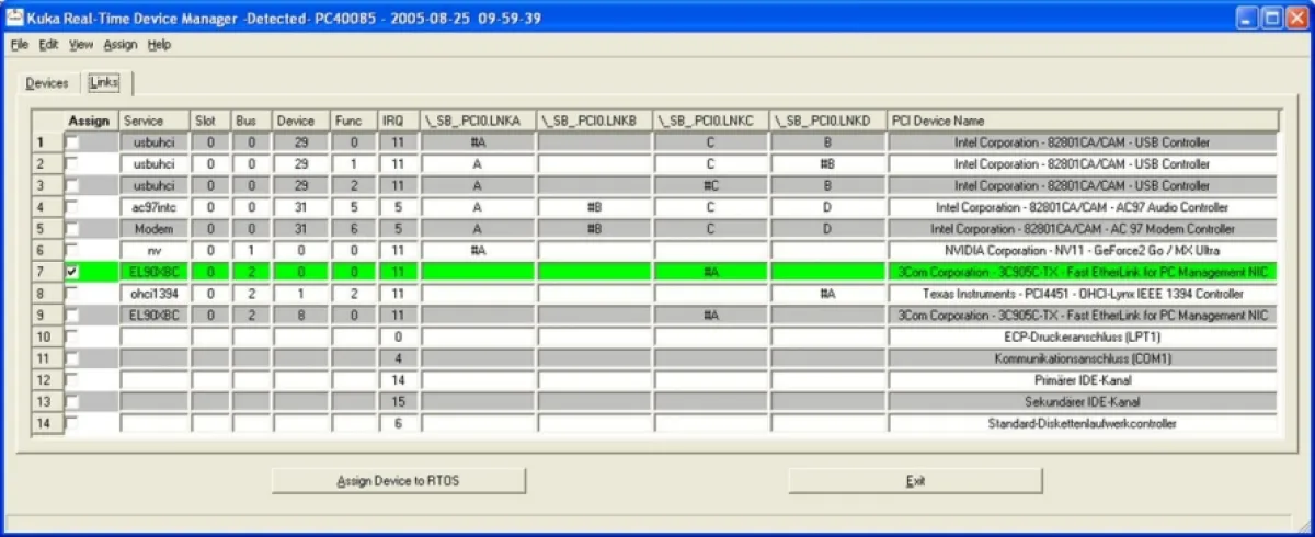 Der Real-Time Device Manager ermöglicht die komfortable Konfiguration von Echtzeitdevices per Checkbox