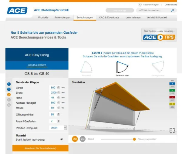 Jetzt live bei ACE: Neues Online-Gasfeder-Berechnungsprogramm Bild: Jetzt live bei ACE: Neues Online-Gasfeder-Berechnungsprogramm