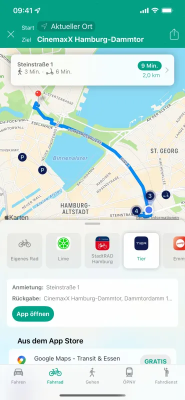 Wohin? für iPhone unterstützt Leihräder und e-Scooter (© FutureTap GmbH)