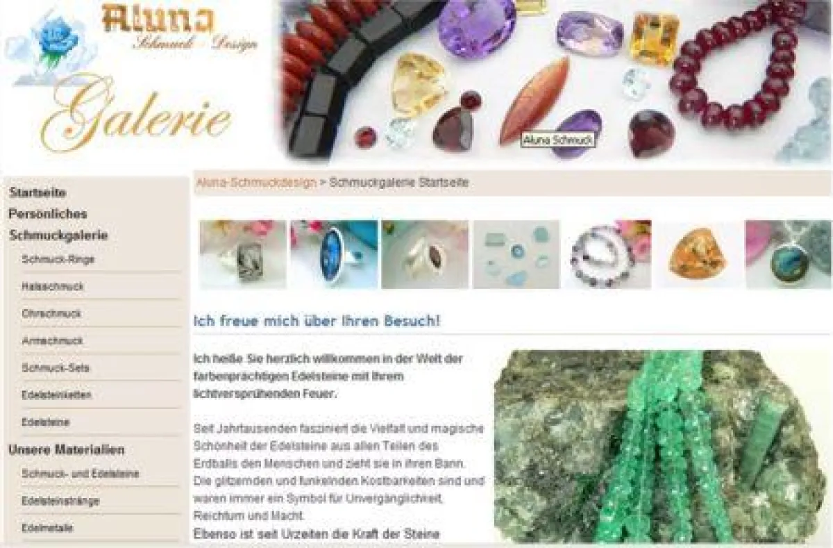 Screenshot der Website www.aluna.entdecke-schmuck.com informativ rund um das Thema Schmuck und Edelsteine