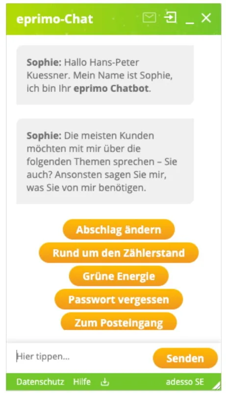 Korrespondenz mit dem Chatbot Sophie von eprimo (Quelle: eprimo)