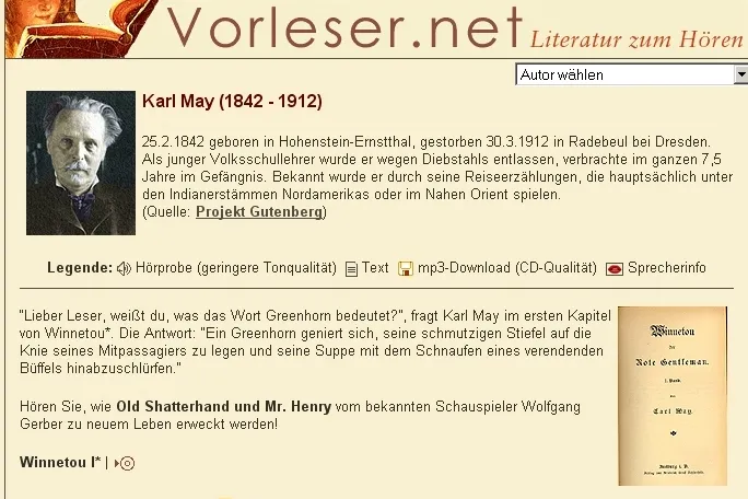 Bild: Vorleser.net: Karl Mays Winnetou I als Hörbuch