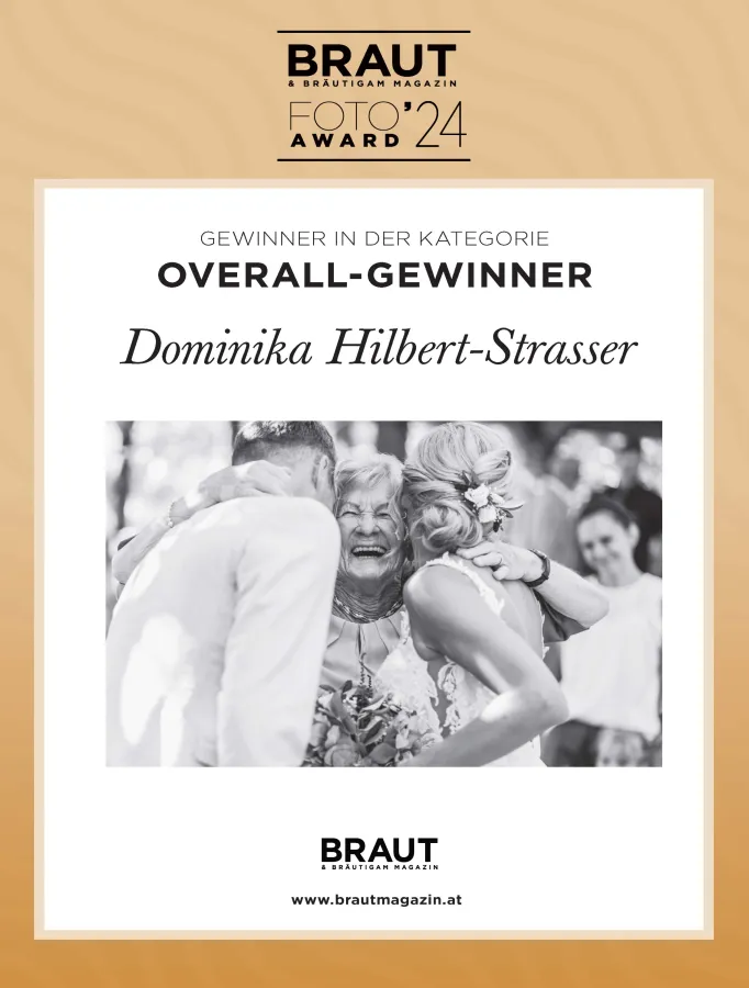 Die Overall-Gewinnerin des Braut Foto Award 2024 heißt Dominika Hilbert-Strasser. (© Foto: Dominika Hilbert-Strasser / Grafik: Brautmedia GmbH)