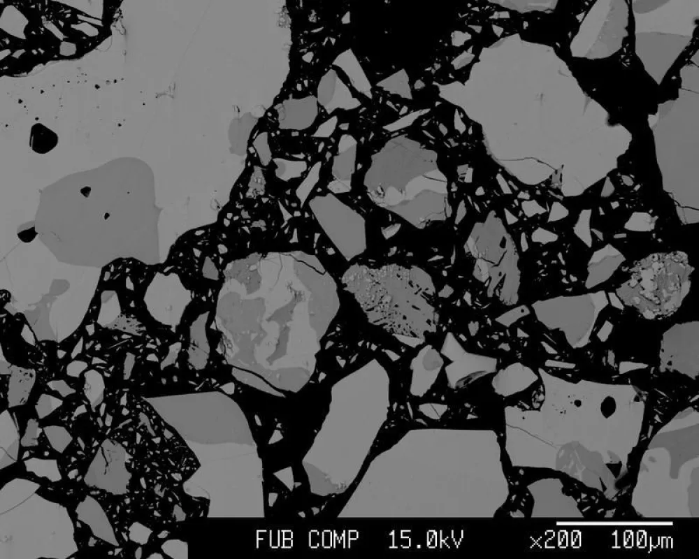 Das Bild (backscattered electron micrograph) zeigt CZTSe-Kristalle (grau) in einer Epoxid-Matrix (schwarz). (HZB)